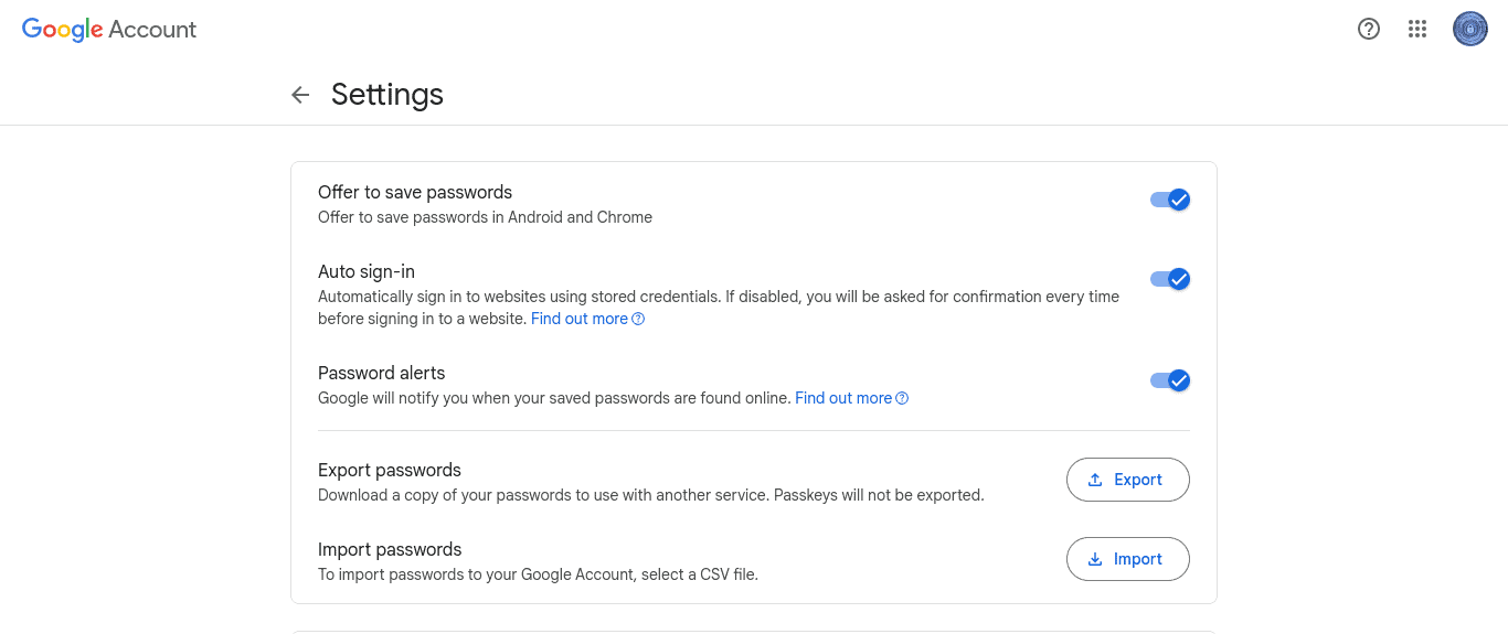 Google paroļu pārvaldnieka iestatījumu importēšana un eksportēšana no datora
