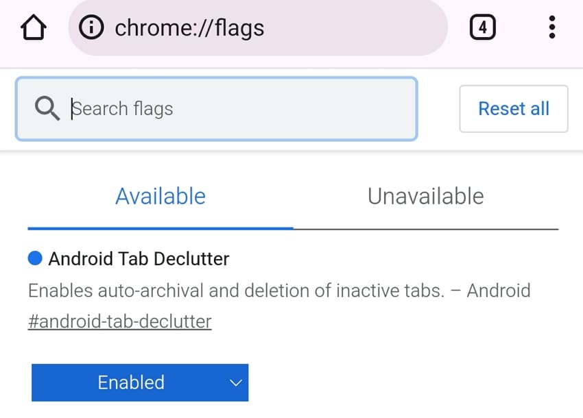 Android Tab Declutter karodziņš pārlūkprogrammā Chrome Flags.