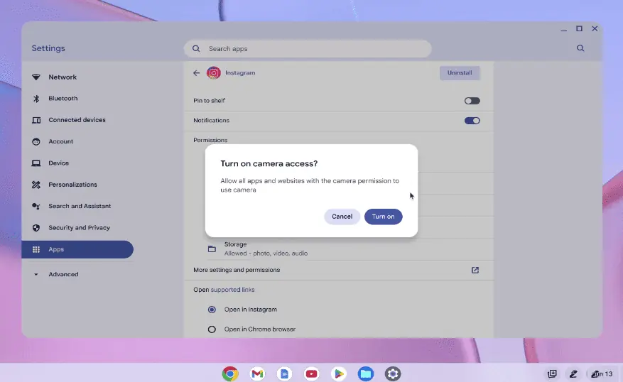 Instagram kameras piekļuve ChromeOS