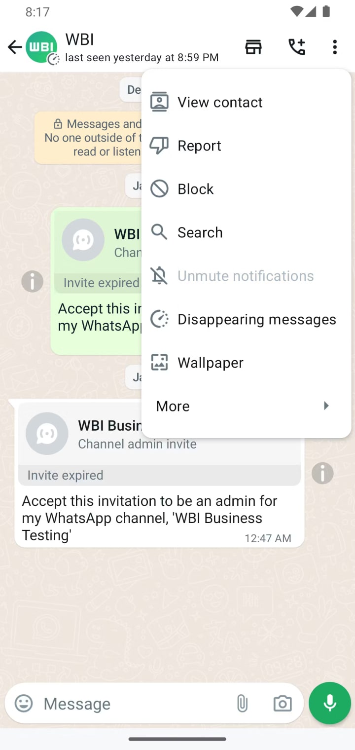 WhatsApp ikonu trīs punktu izvēlne