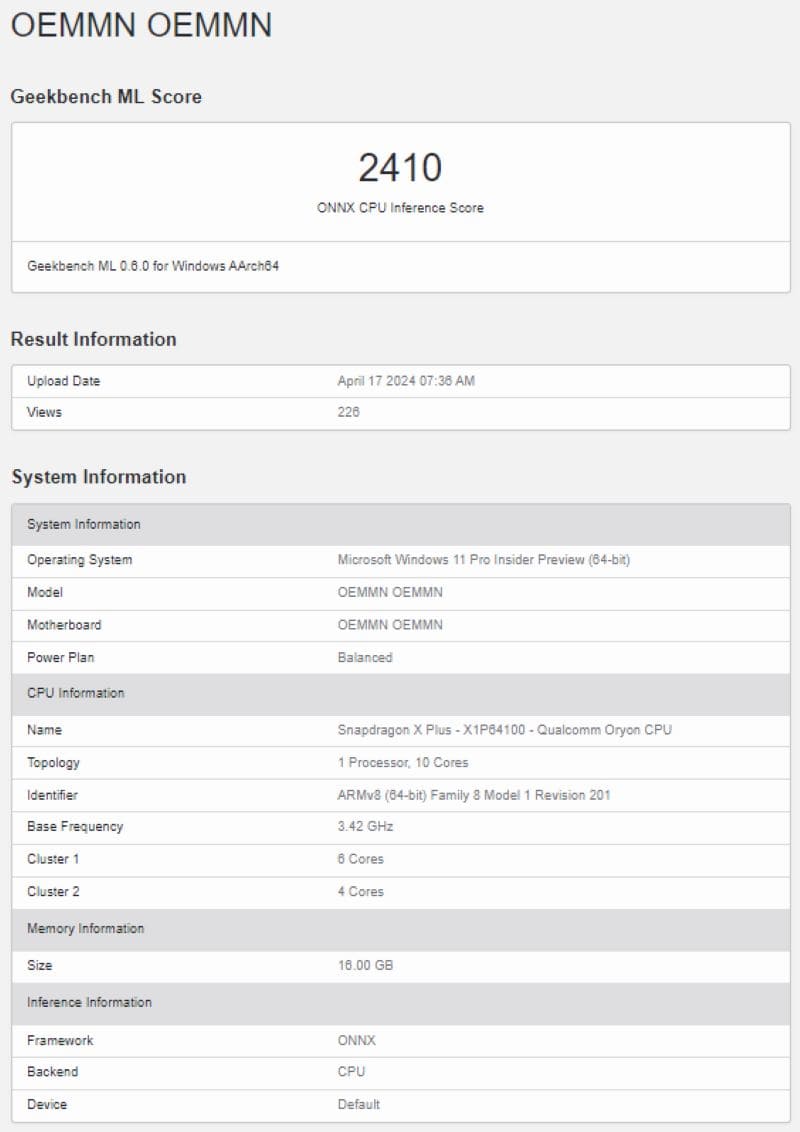 Snapdragon X Plus GeekBench ML saraksts