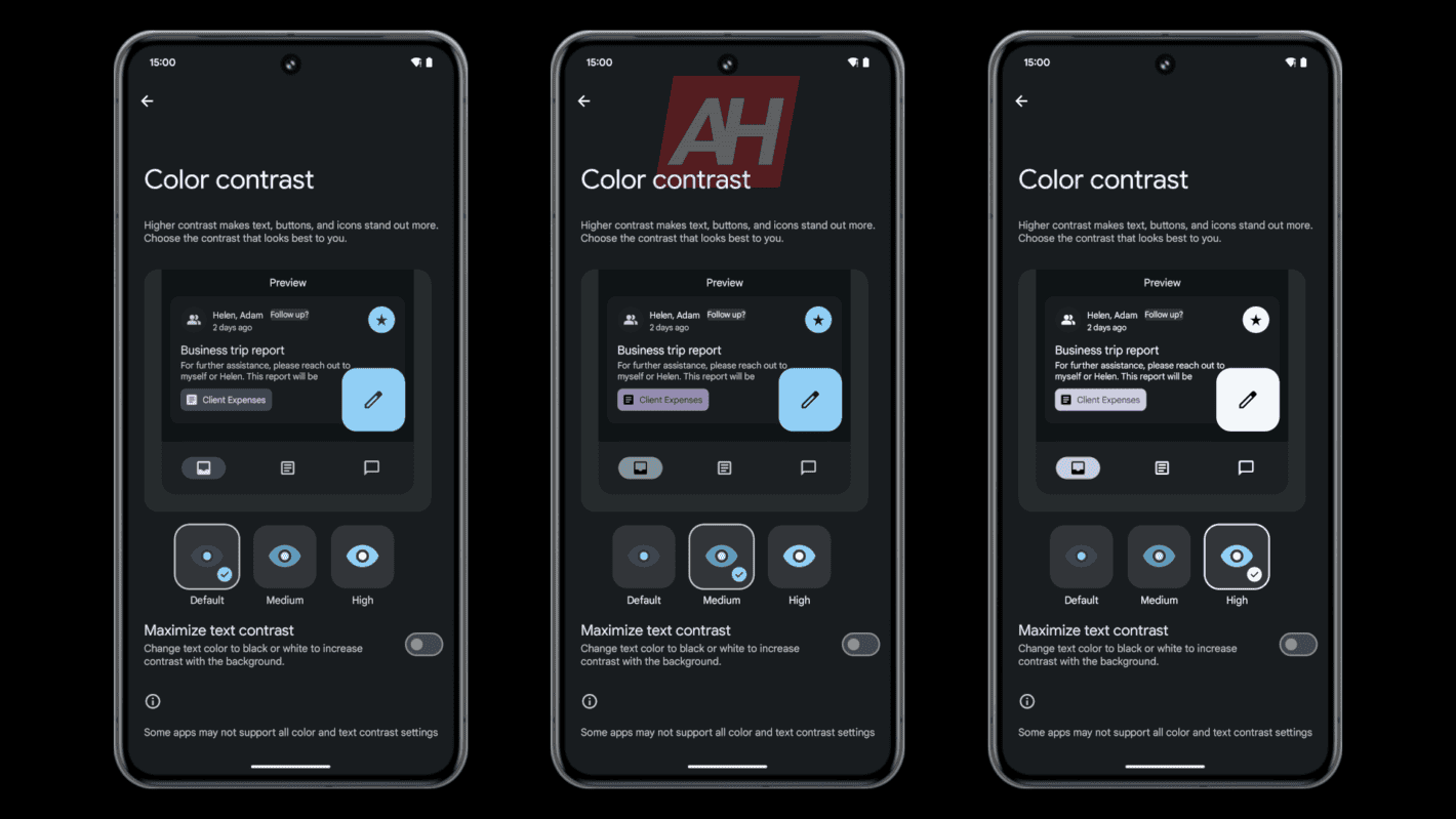 Android krāsu kontrasta salīdzinājums ar parasto teksta kontrastu tumši AH