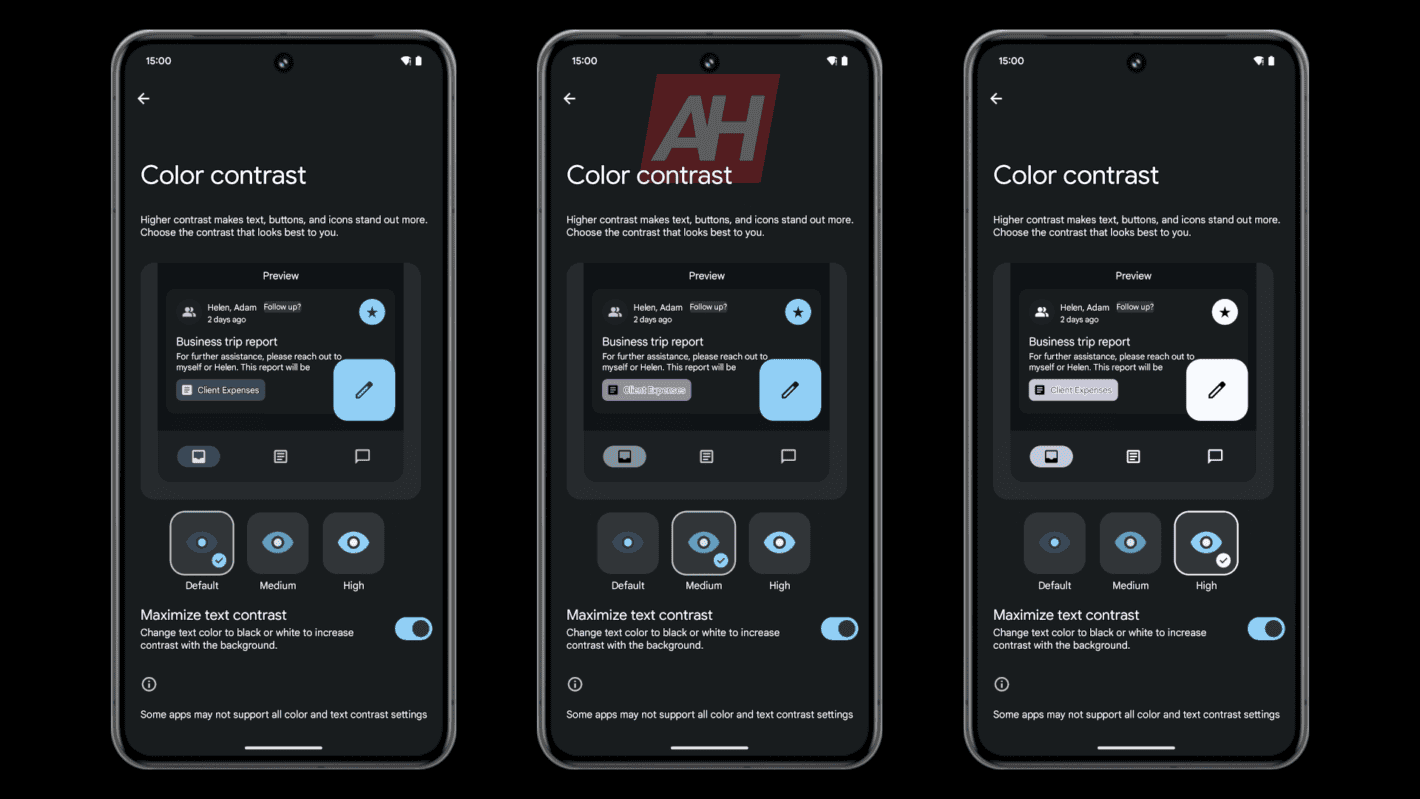 Android krāsu kontrasta salīdzinājums ar maksimālu teksta kontrastu tumši AH