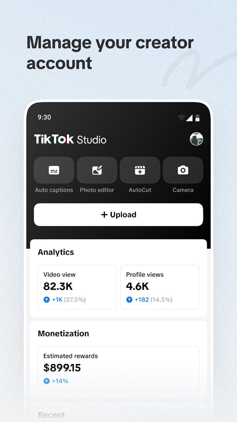 TikTok Studio pārvaldīt kontu