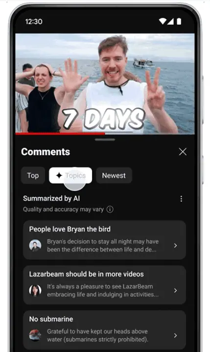 YouTube AI kopsavilkumi Shorts komentāri