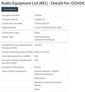 Google Pixel 9 Pro Fold nosaukuma REL sertifikāts