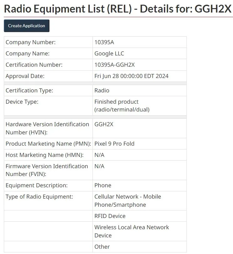 Google Pixel 9 Pro Fold nosaukuma REL sertifikāts