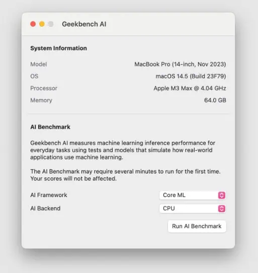 Geekbench AI operētājsistēmai MacOS