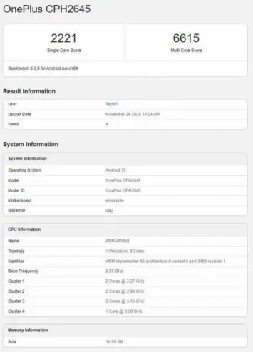 OnePlus 13R Geekbench saraksts