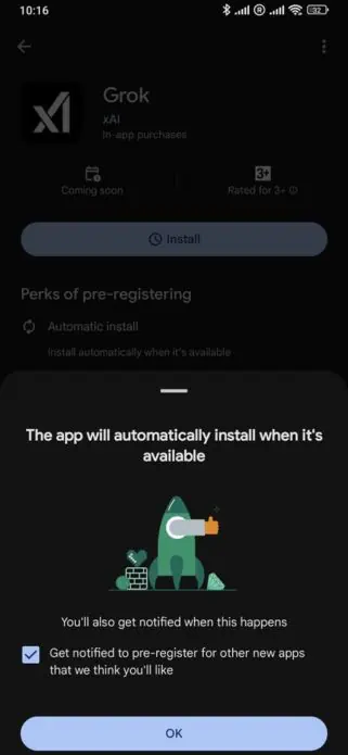 Grok Android App Pre reģistrācija Google Play veikals