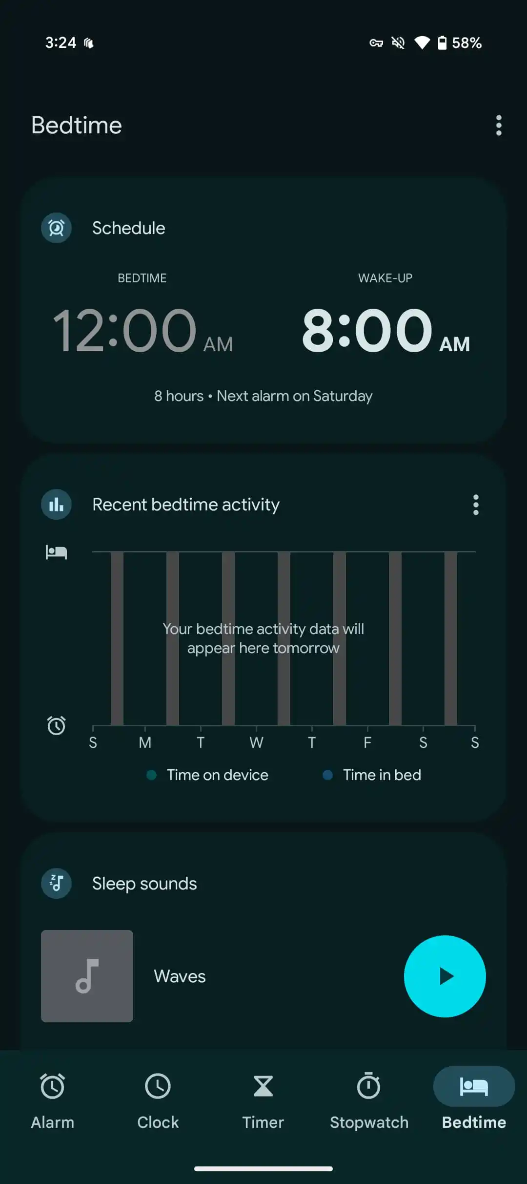 Google pulksteņa materiāls, kuru jūs pašreizējais UI gulētiešanas laiks 1