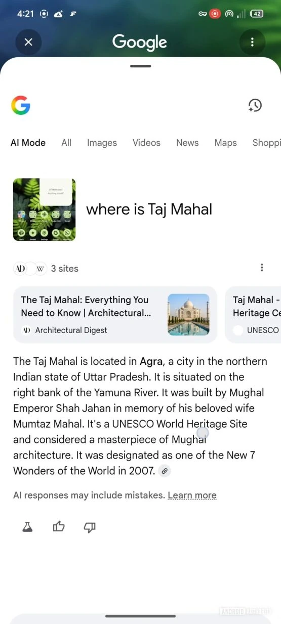 Aplis meklēšanai, izmantojot Google meklēšanu AI MODE 1 SPĒRTS