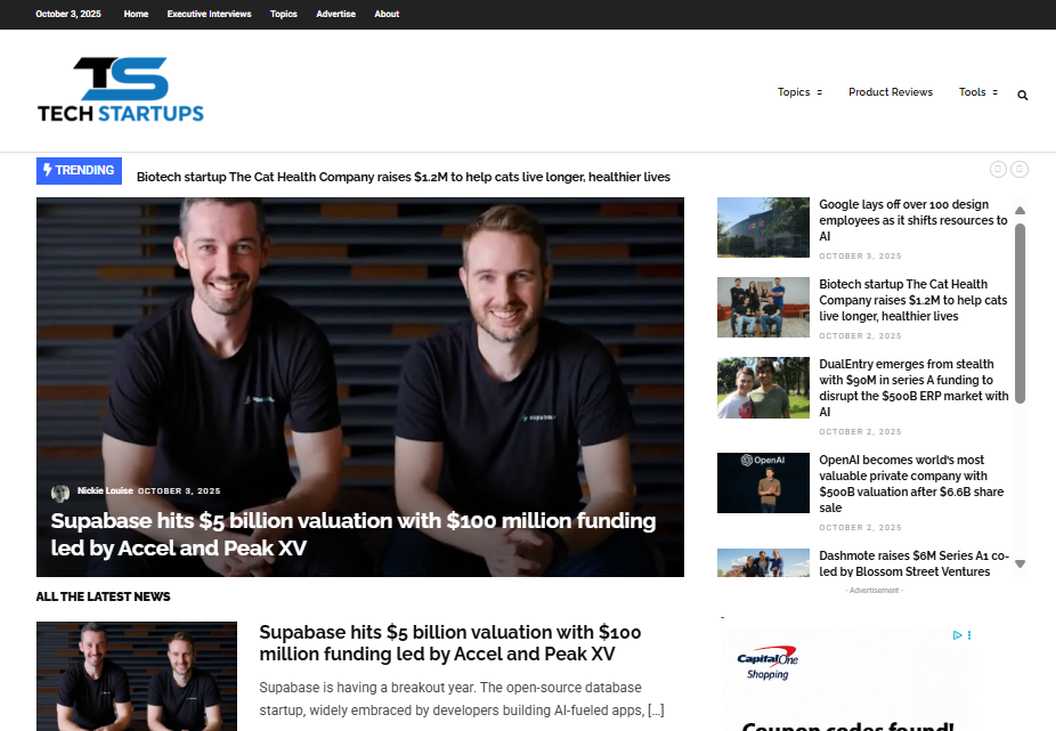 TechStartups mājas lapas ekrānuzņēmums - Startup finansēšanas ziņu vietne 2025