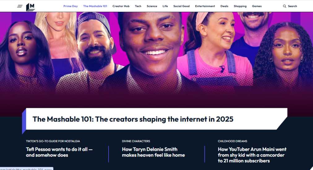 Mashable mājas lapas ekrānuzņēmums - digitālās kultūras un tehnoloģiju ziņu vietne 2025