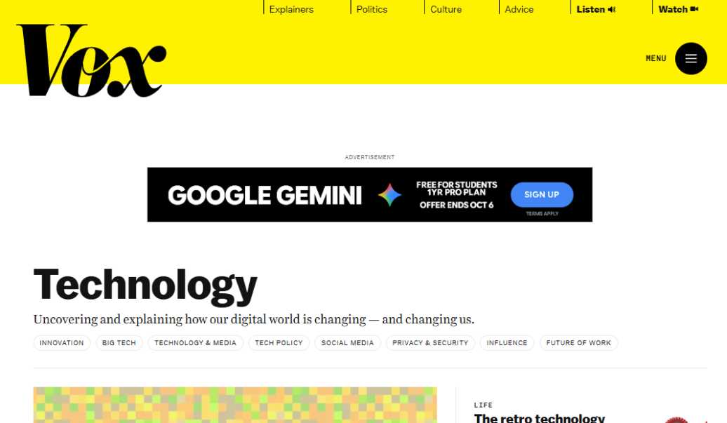 Recode mājas lapas ekrānuzņēmums - Vox Media Tech News vietne 2025