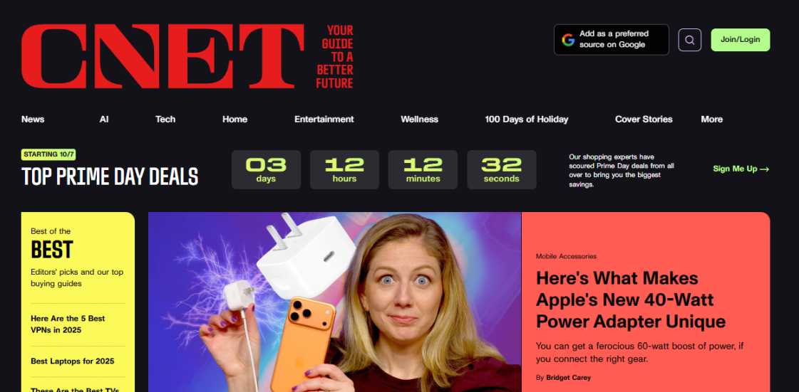 CNET mājas lapas ekrānuzņēmums - patērētāju tehnoloģiju pārskati un ziņu vietne 2025
