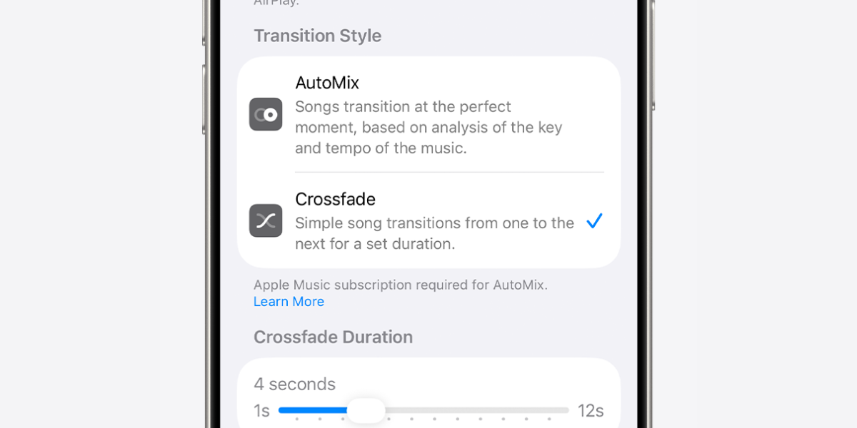 AutoMix iOS 26.1 iestatījumi