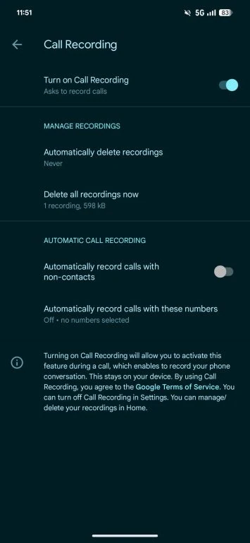 Tālruņa lietotnes zvanu ierakstīšanas iestatījumi