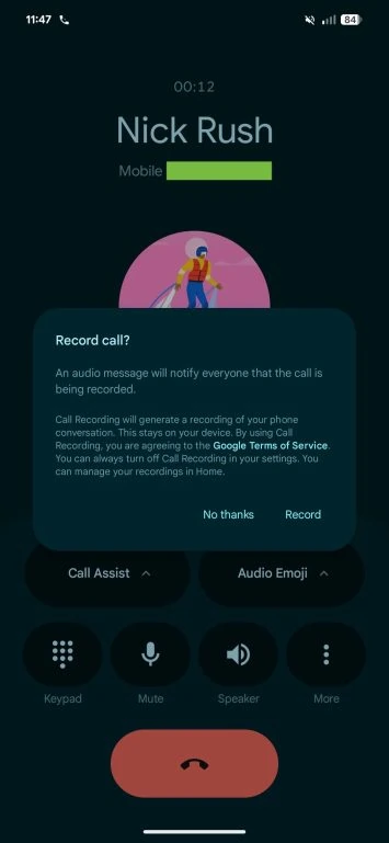 Tālruņa lietotnes zvanu ierakstīšanas apstiprinājums