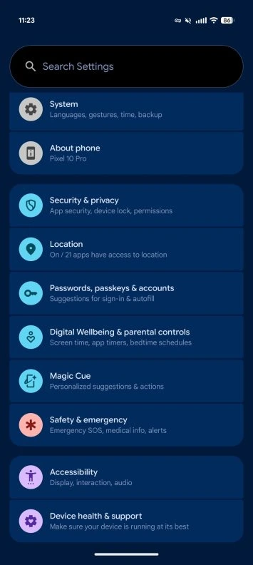 Pixel ierīces veselības atbalsta iestatījumi