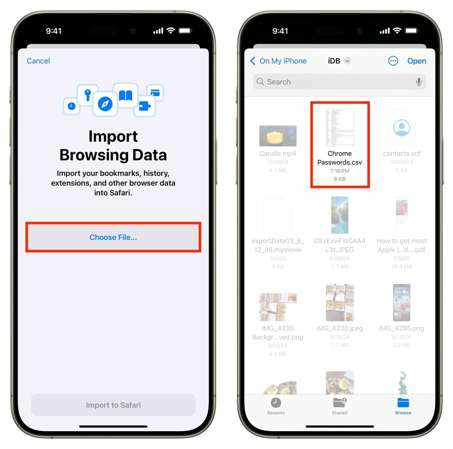 Safari Chrome importēšanas process iPhone tālrunī