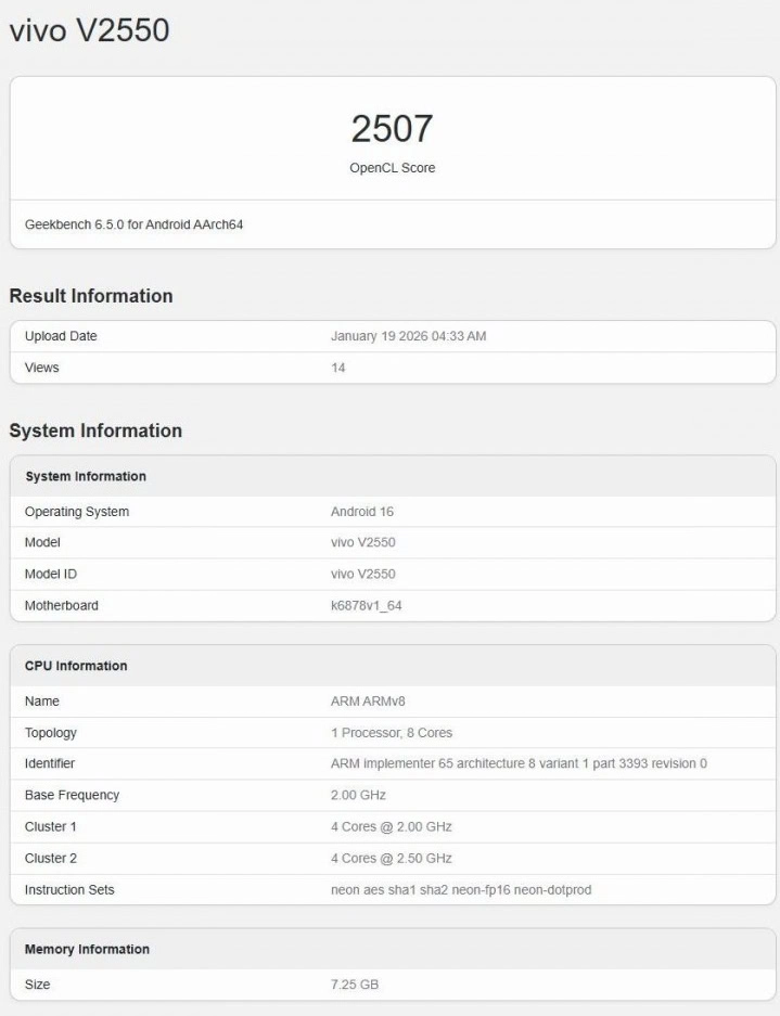 Vivo V70 FE Geekbench
