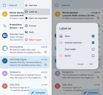 Gmail Android etiķetes