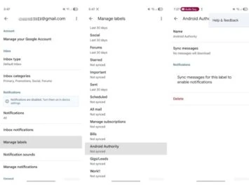 Gmail pārvalda Android iezīmes