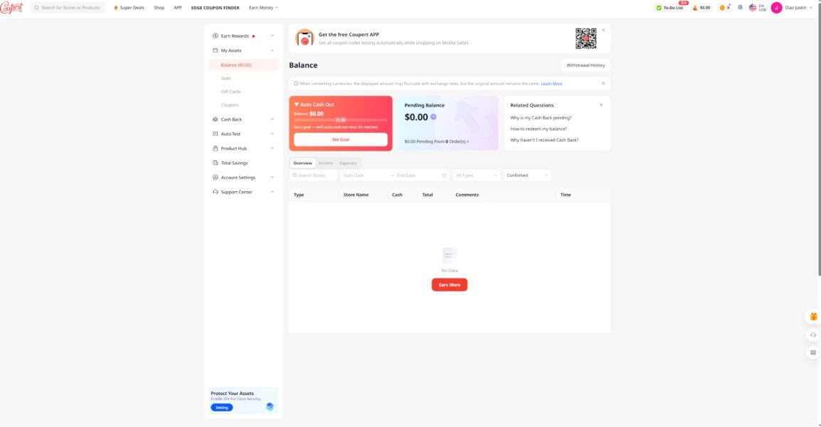 Coupert naudas atmaksas konta lapa