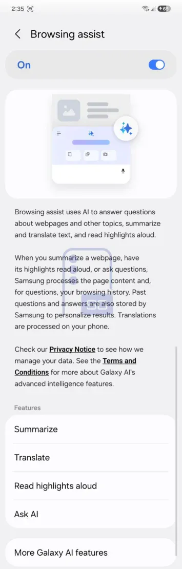 One UI 9 Ask AI funkcija Samsung interneta pārlūkprogramma 2