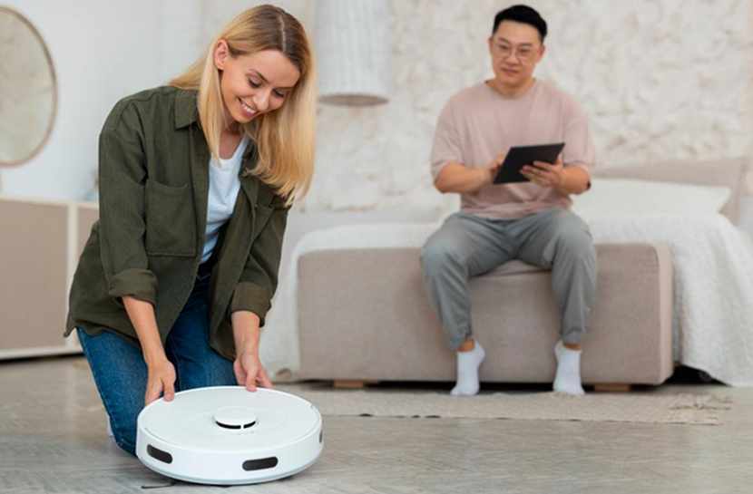 front view couple with a robotic vacuum cleaner at home
