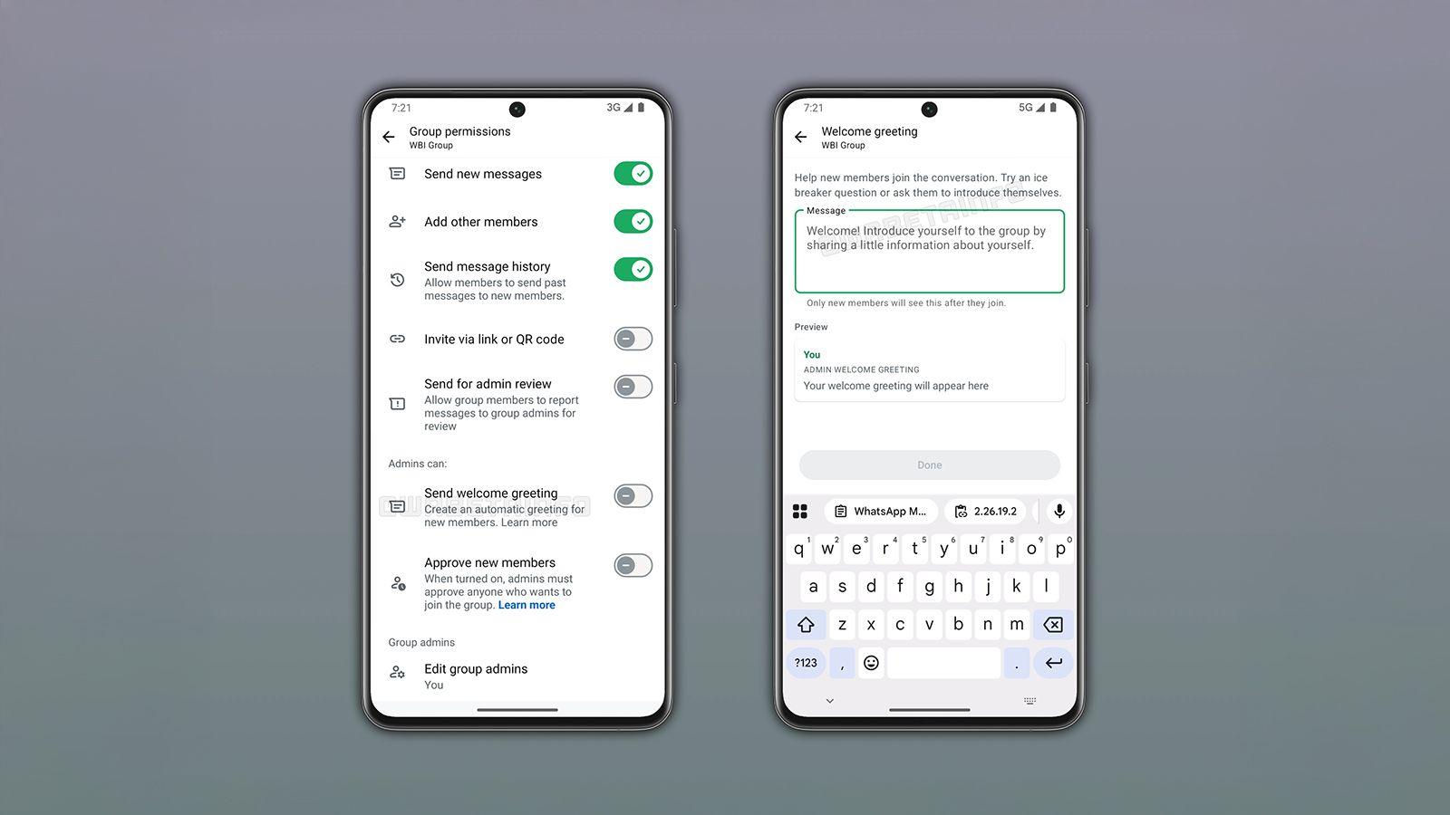 WhatsApp sagatavo automātiskus sveiciena ziņojumus grupās, lai pasūtītu jaunu dalībnieku ierašanos