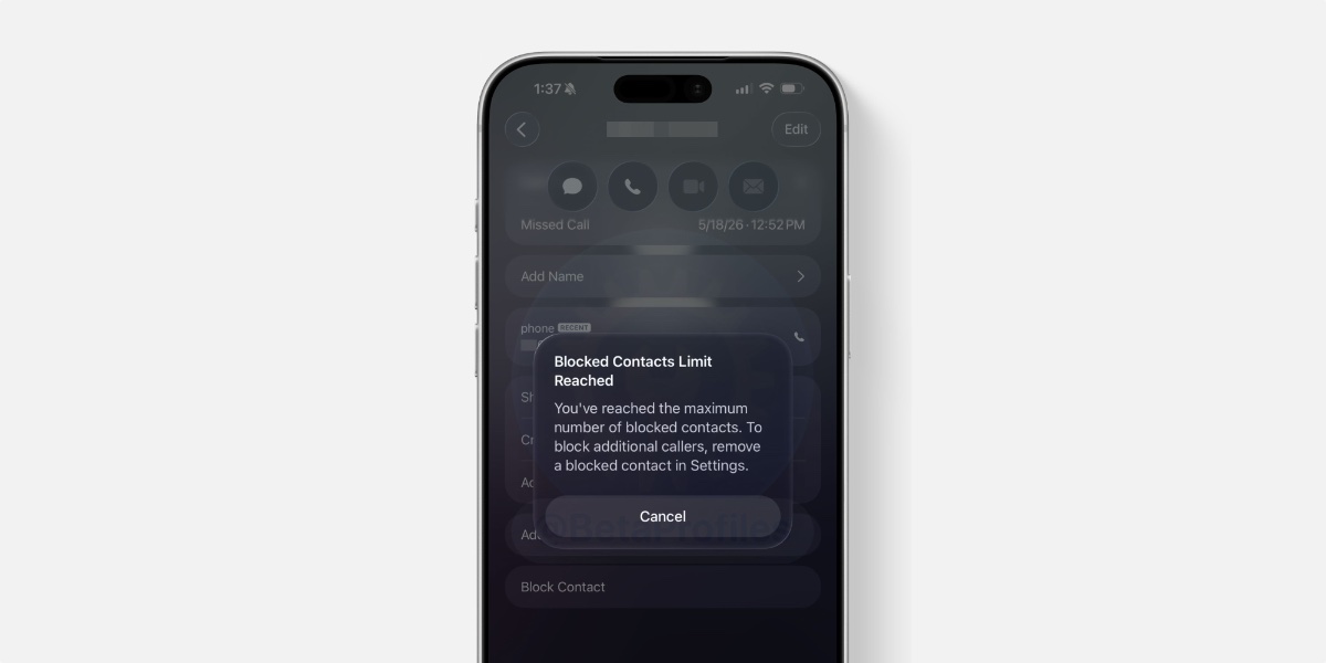 iOS 26.6 paziņos lietotājiem, kad tie sasniegs bloķēto kontaktpersonu ierobežojumu