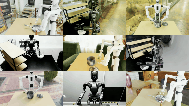 Videoklipu kolekcija Embodied Robot Scenes datu kopā. Videoklipos redzami dažādi humanoīdi roboti, kas veic manipulācijas dažādās vidēs.