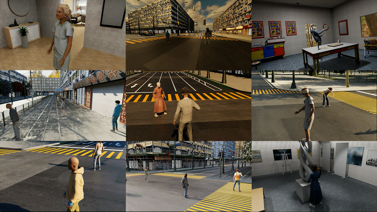 Videoklipu kolekcija Digital Human Scenes datu kopā. Videoklipos ir parādītas dažas simulētas iekštelpu un āra vides ar digitāliem cilvēkiem, kas stāv un pārvietojas. Šie videoklipi nodrošina daudzveidīgu cilvēka izskatu, kustību, ainas kontekstu, apgaismojumu un kameras kustību.