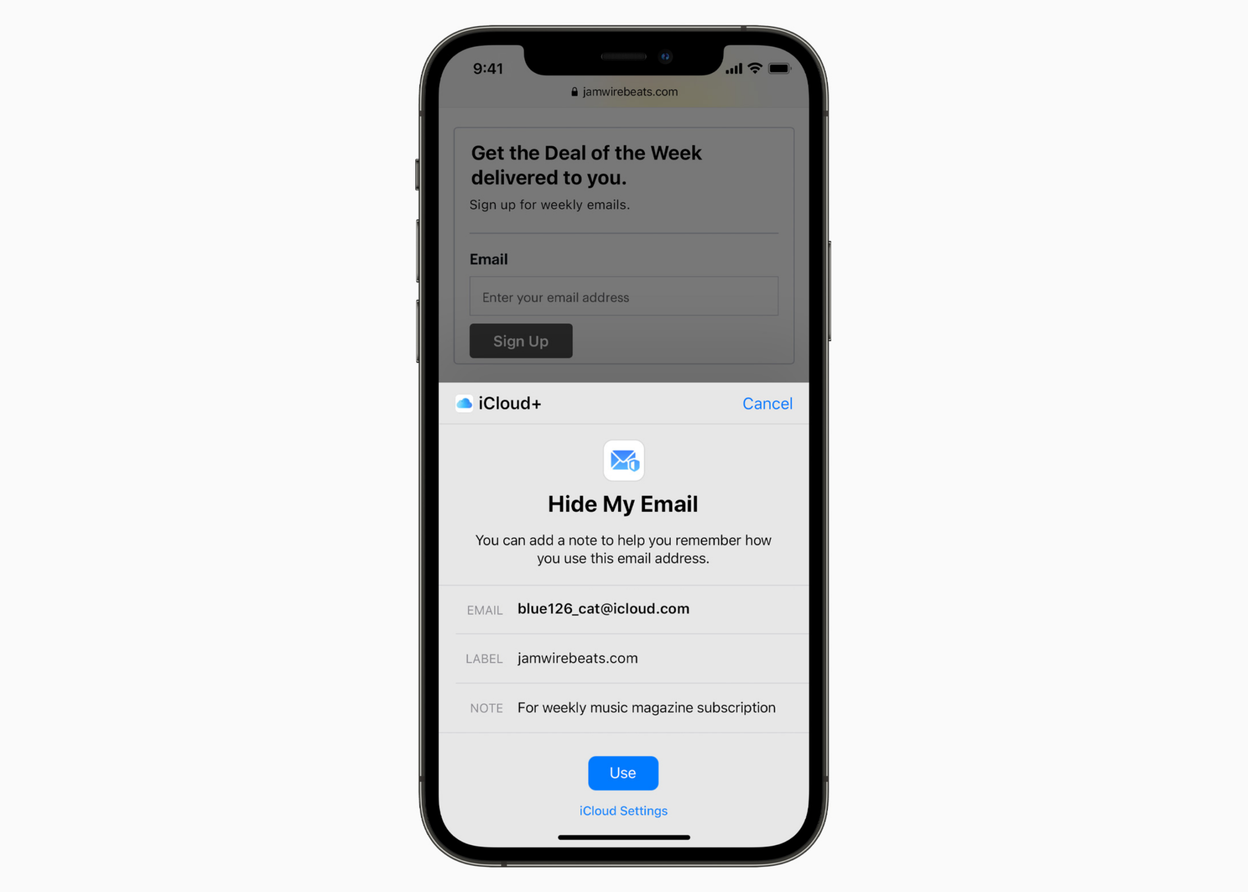 iCloud konfidencialitāte, izmantojot funkciju Slēpt manu e-pastu