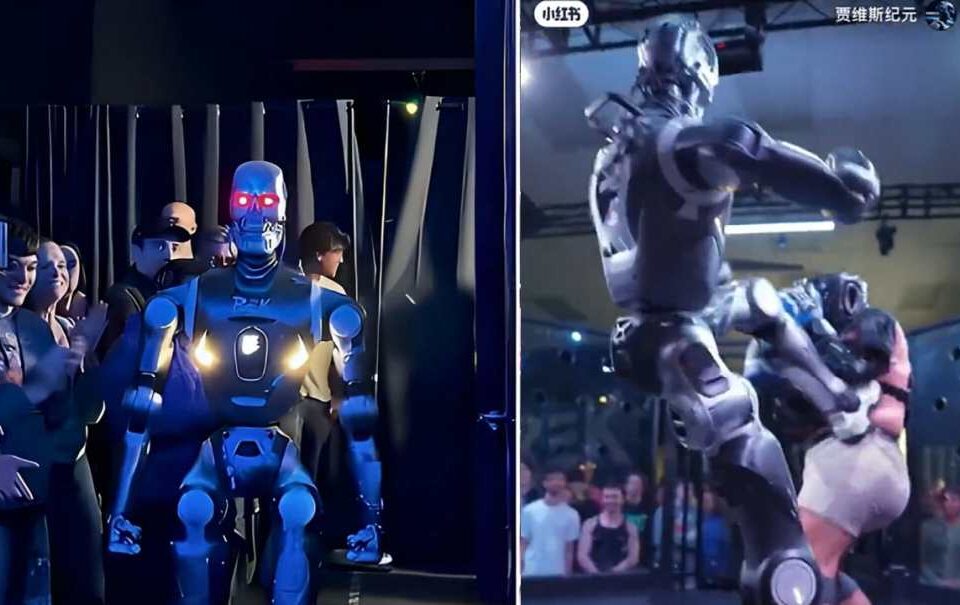 Ķīniešu humanoīds robots T800 uzņem cilvēku pirmajā savā veida cīņā būros, nosūta viņu lidošanai un atstāj viņu ar lauztu roku