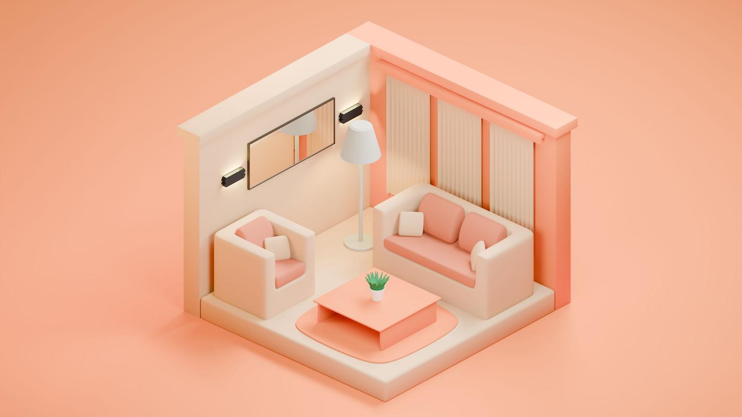 Telpas izometriskā 3D renderēšana, kas attēlo digitālās skenēšanas procesa rezultātu.