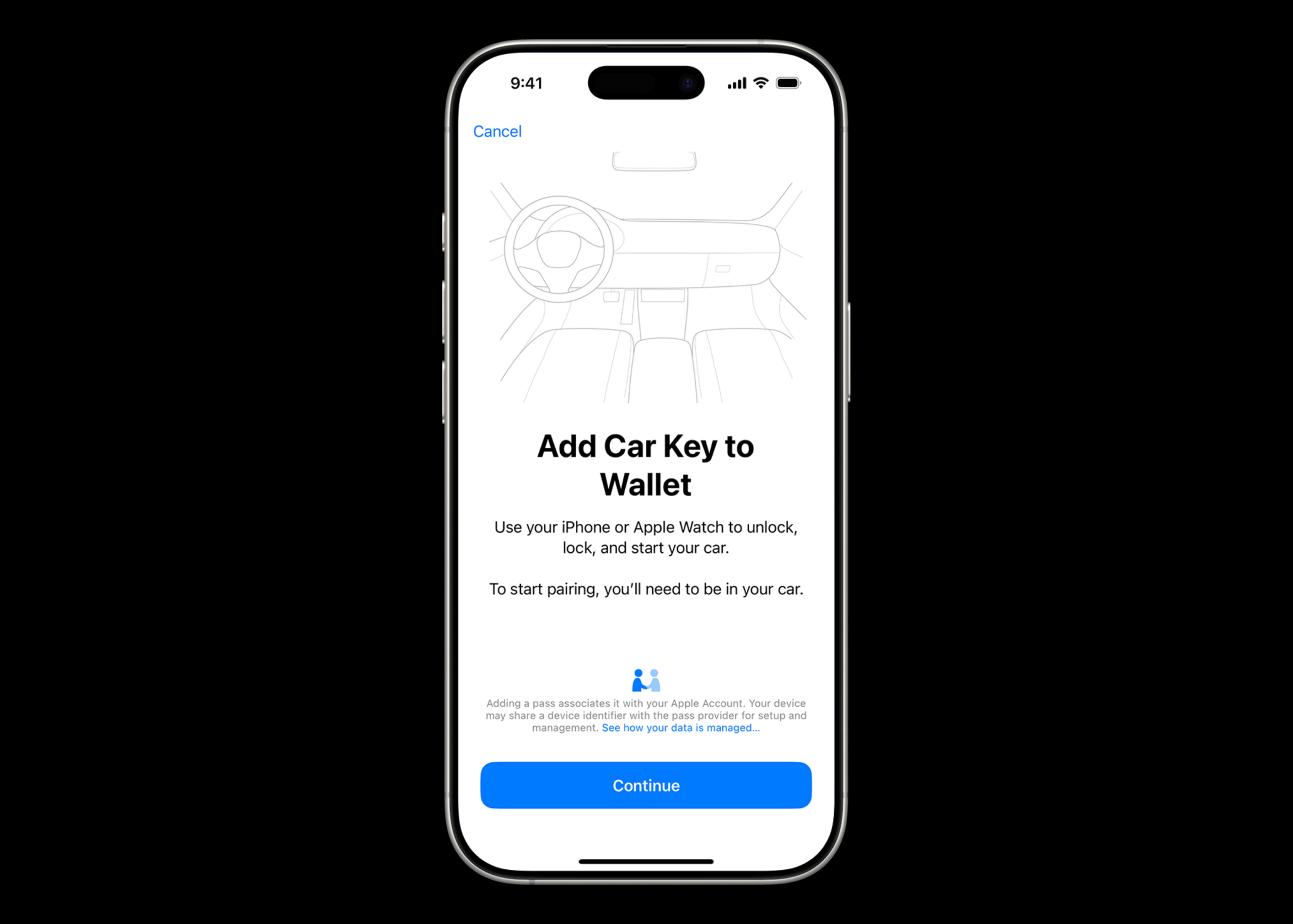 Apple automašīnas atslēga automašīnā
