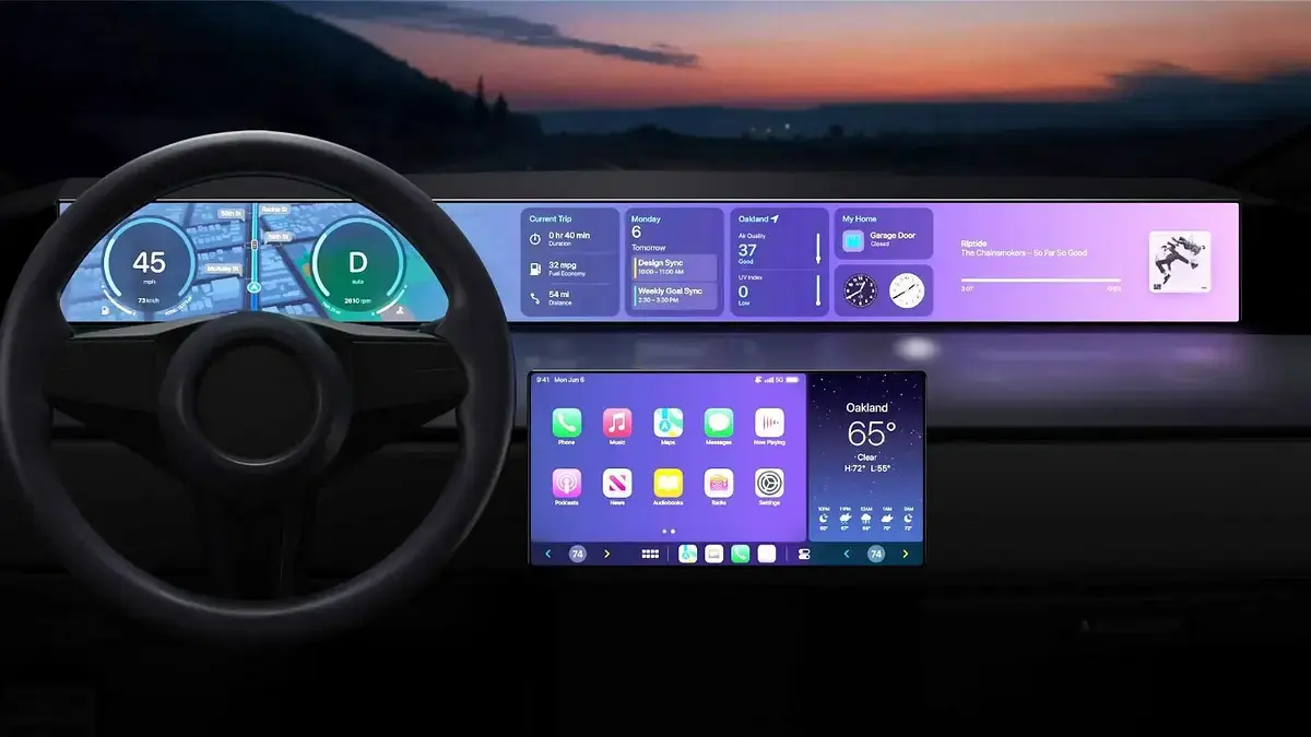 Vadu CarPlay iPhone ar kabeli savienots ar automašīnu ar CarPlay